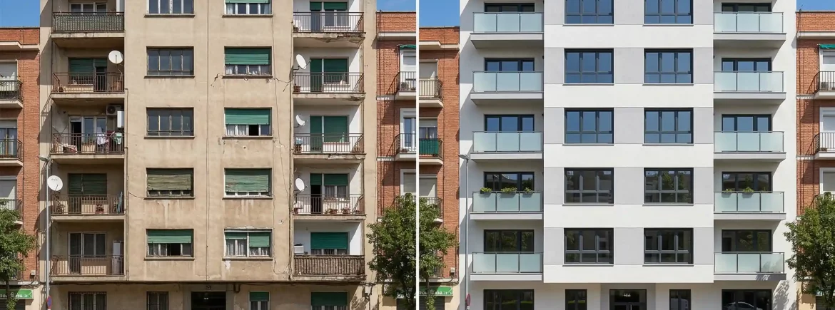 Comparativa de un edificio antiguo de los años 70 frente a una fachada rehabilitada con eficiencia energética, SATE y paneles solares por Renova.