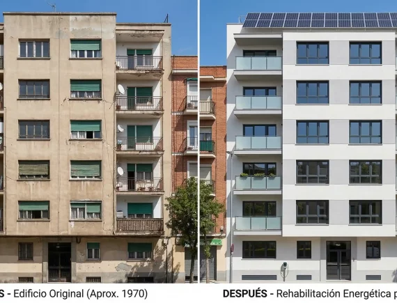 Comparativa de un edificio antiguo de los años 70 frente a una fachada rehabilitada con eficiencia energética, SATE y paneles solares por Renova.