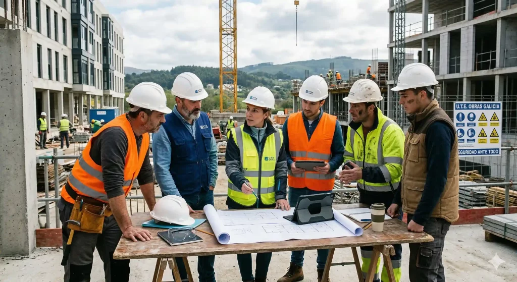 Reunión técnica a pie de obra entre ingenieros y operarios analizando planos para una gestión de proyectos eficiente