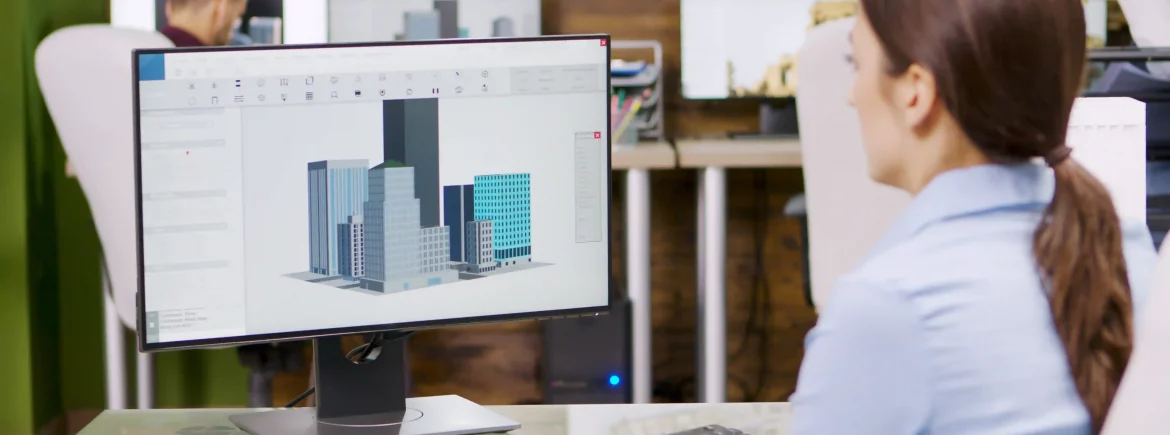 Una arquitecta utiliza una tablet con un modelo BIM digital para supervisar la ejecución de una obra de construcción moderna