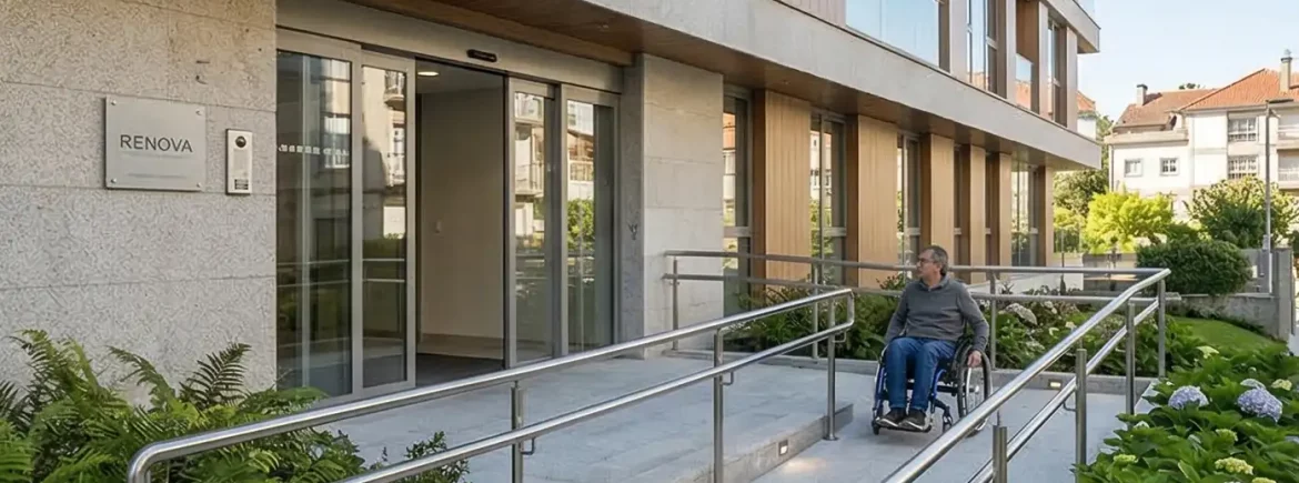 Acceso principal a edificio moderno en Galicia diseñado bajo criterios de edificación inclusiva.