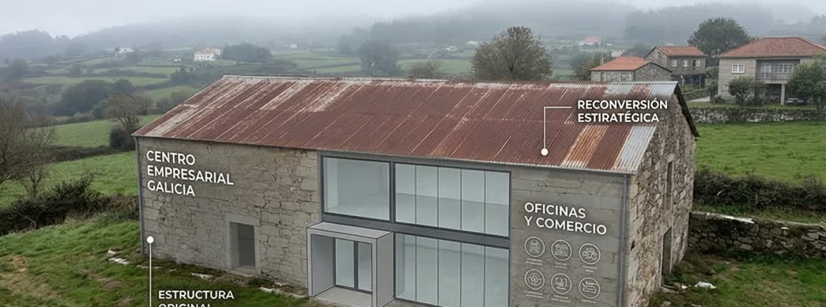 Infografía de reconversión estratégica de una nave industrial antigua en un centro de oficinas moderno en Galicia, mostrando el potencial oculto del activo.