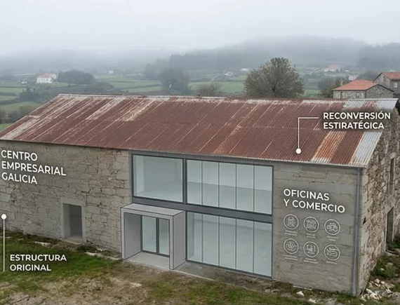 Infografía de reconversión estratégica de una nave industrial antigua en un centro de oficinas moderno en Galicia, mostrando el potencial oculto del activo.