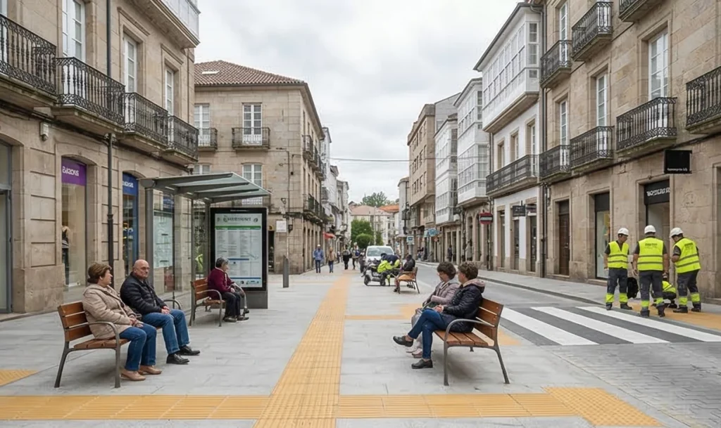 Obra pública de Renova en Galicia mostrando pavimentos podotáctiles y mobiliario urbano accesible.
