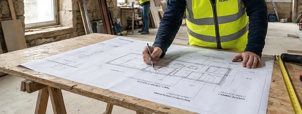 Arquitecto técnico de Renovais supervisando planos estructurales para un proyecto de cambio de uso y optimización funcional en una edificación gallega.
