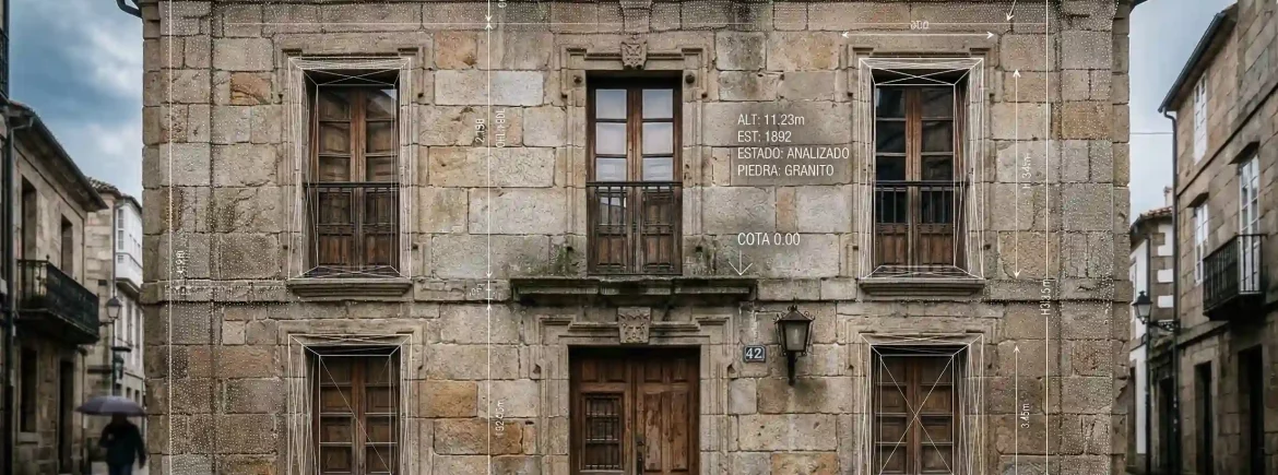 Análisis mediante escáner técnico y líneas de cota de una fachada de piedra antigua en Galicia para auditoría preventiva.
