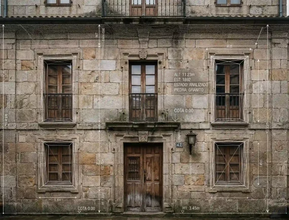 Análisis mediante escáner técnico y líneas de cota de una fachada de piedra antigua en Galicia para auditoría preventiva.