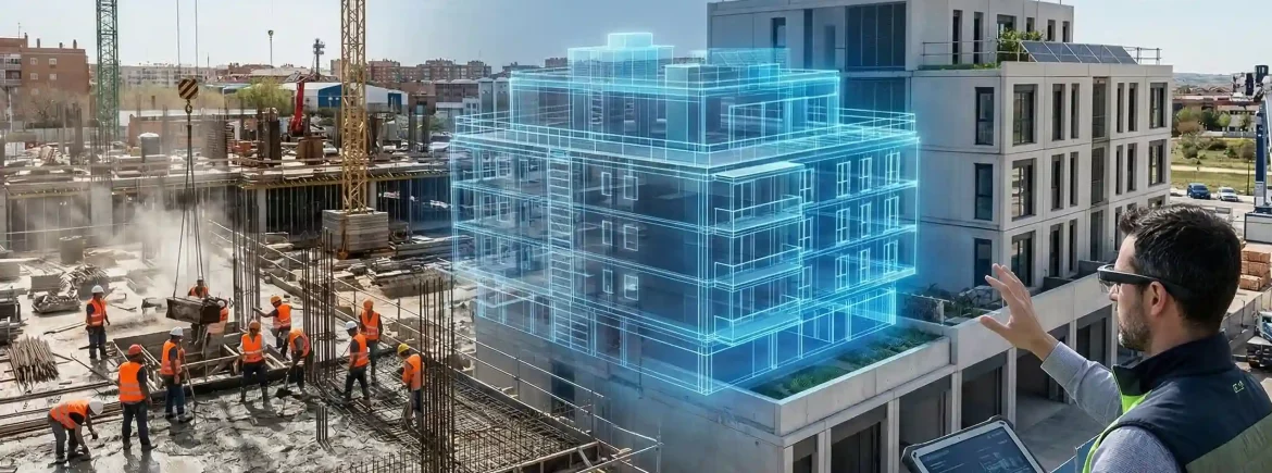 Comparativa de construcción tradicional frente a modelo digital inteligente con realidad aumentada en obra.