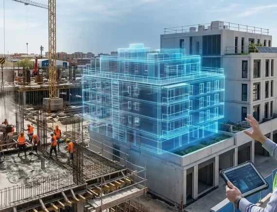 Comparativa de construcción tradicional frente a modelo digital inteligente con realidad aumentada en obra.