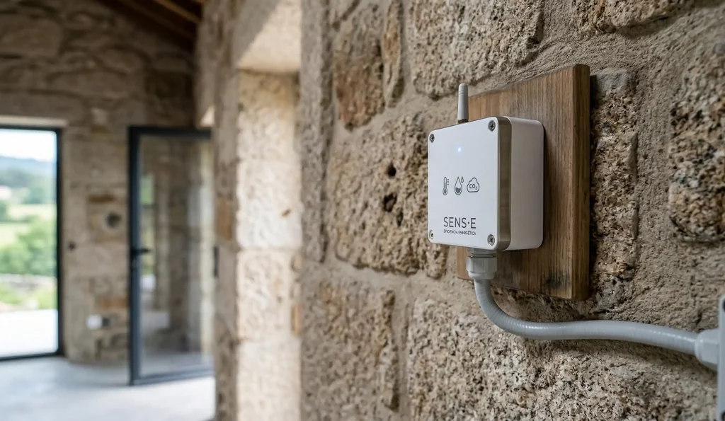 Sensor inteligente instalado en rehabilitación de edificio de piedra para control de eficiencia.