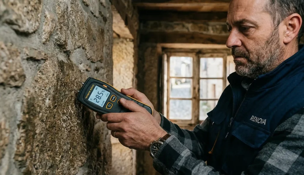 écnico de Renova utilizando un medidor de humedad digital sobre un muro de piedra en una vivienda antigua durante una inspección técnica.