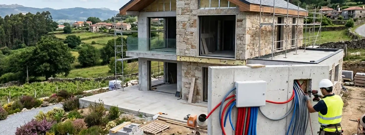 Obra nueva de vivienda unifamiliar con preinstalación de sistemas domóticos en Galicia.