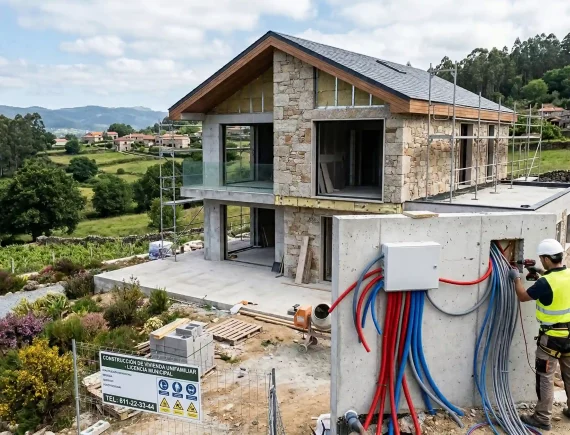 Obra nueva de vivienda unifamiliar con preinstalación de sistemas domóticos en Galicia.