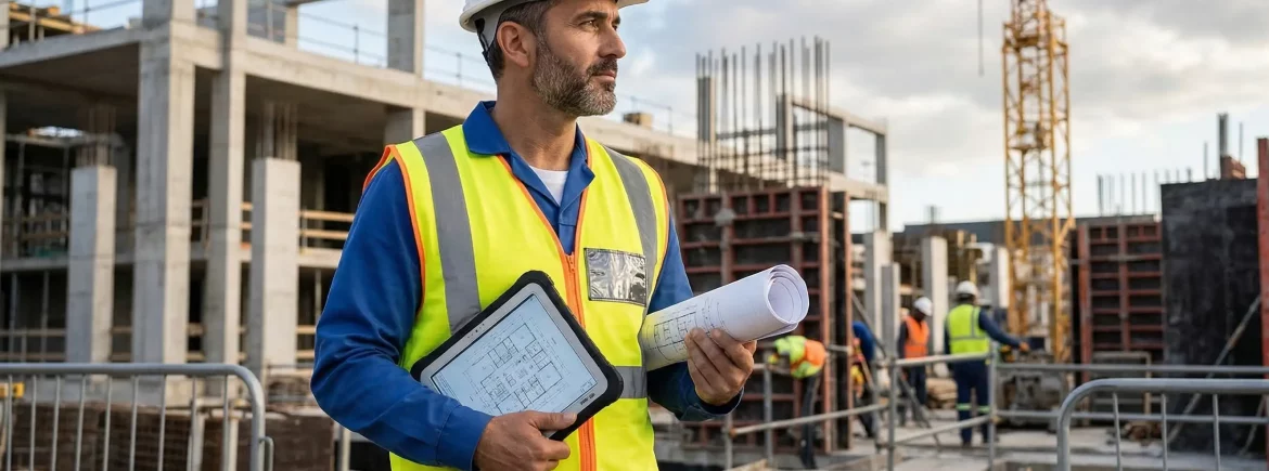 Director de obra con casco y planos supervisando una construcción en el exterior.