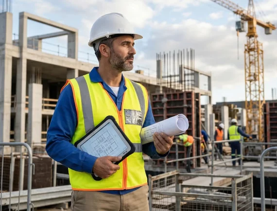 Director de obra con casco y planos supervisando una construcción en el exterior.