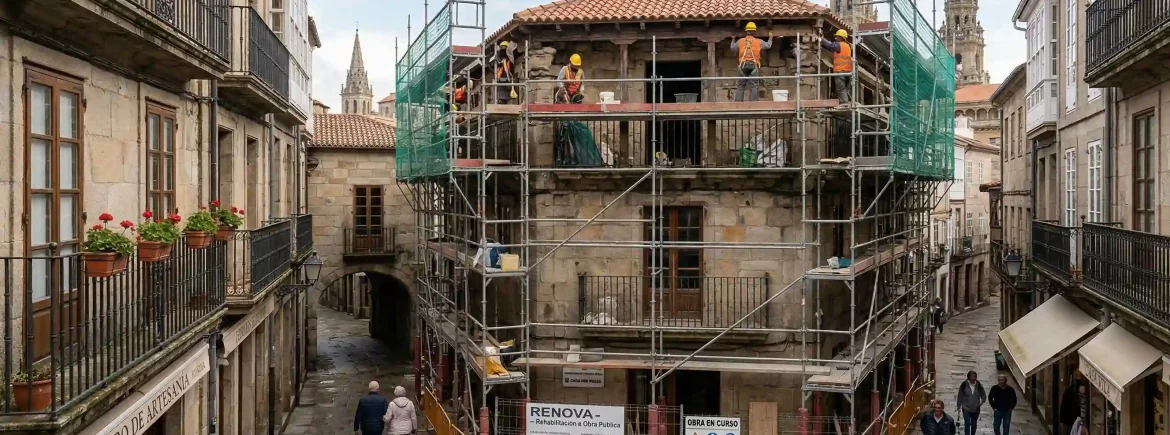 Obra de construcción y rehabilitación de Renova en un casco histórico de Galicia.