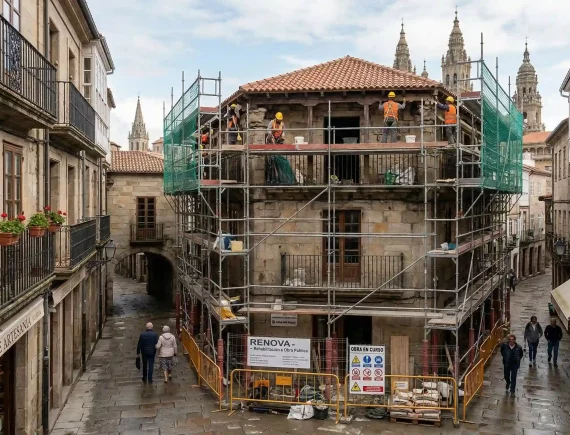 Obra de construcción y rehabilitación de Renova en un casco histórico de Galicia.