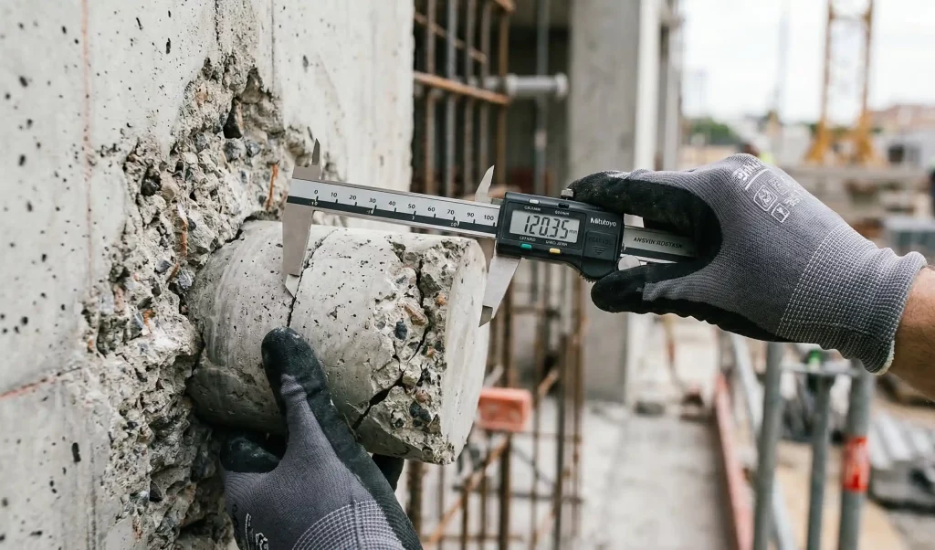 Primer plano de la medición técnica de una cata de hormigón para control de calidad.
