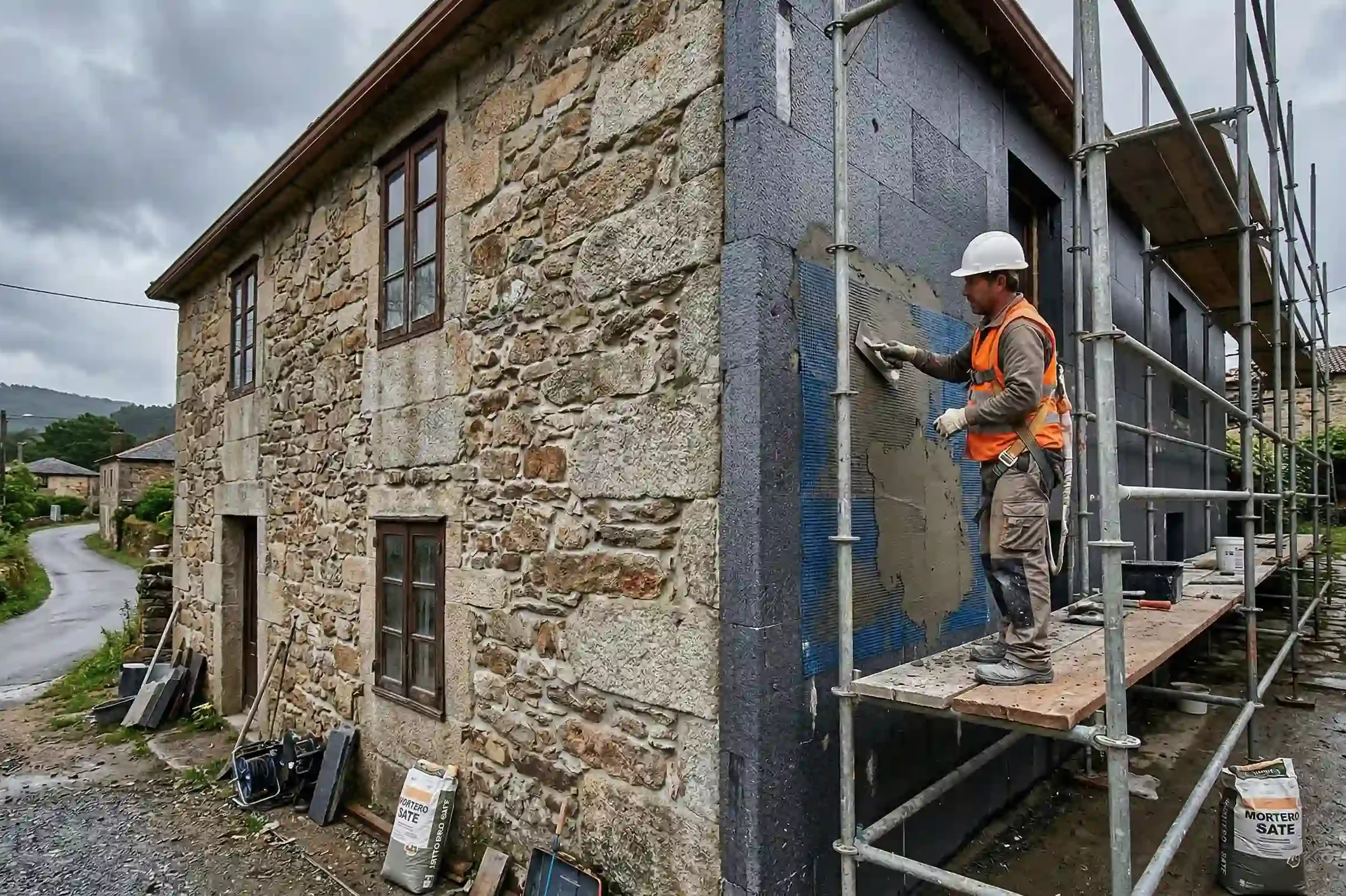 Operario aplicando mortero base sobre aislamiento SATE en la rehabilitación de una casa de piedra tradicional en Galicia bajo un cielo encapotado.
