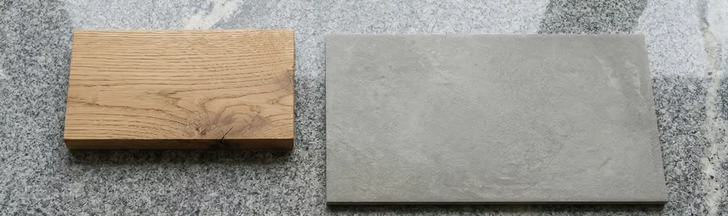 Paleta de materiales para reforma en Galicia: granito local, madera de roble, azulejo gris