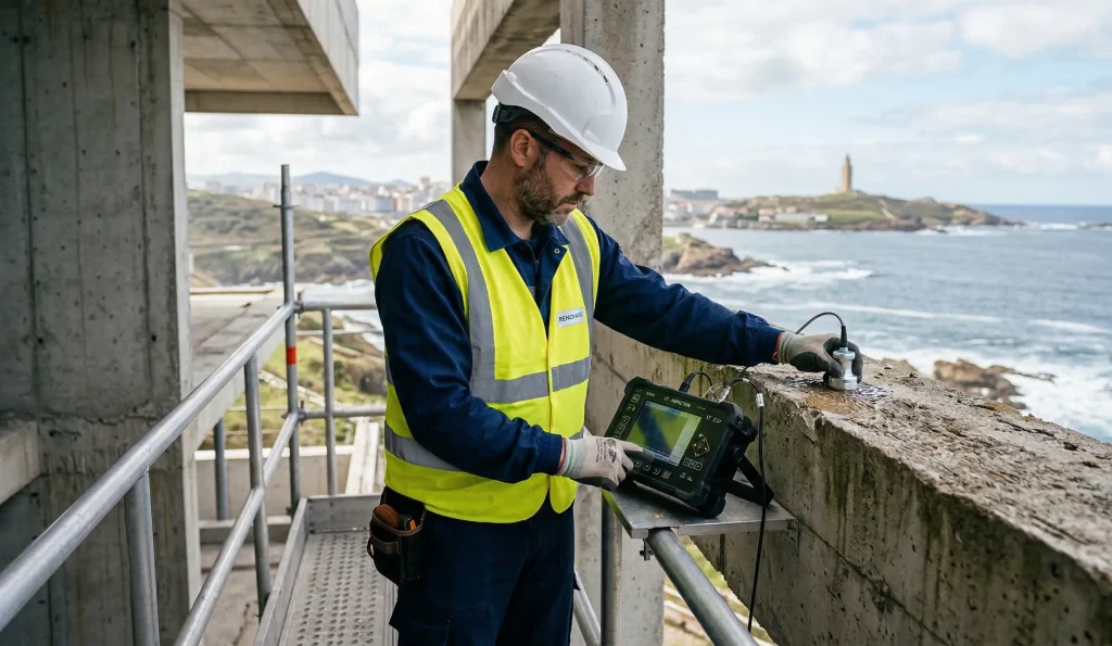 Técnico especializado realizando ensayos no destructivos en una estructura de hormigón para garantizar la seguridad en una obra en Galicia.
