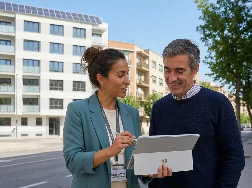 Arquitecta de Renovais mostrando planos digitales y estudio de ahorro energético en una tablet a un cliente frente a un edificio renovado.