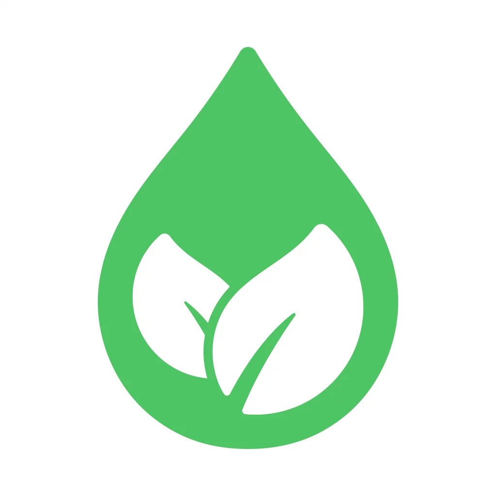 Icono gráfico de una gota de agua verde con dos hojas blancas en su interior, simbolizando la sostenibilidad y la eficiencia energética en los proyectos de construcción y rehabilitación de Renovais en Galicia.