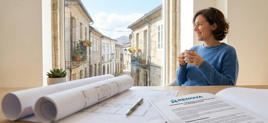 Una mujer sonriente toma café junto a una ventana con vistas a una calle gallega, con un contrato de gestión de ayudas de Renova y planos de arquitectura en primer plano.