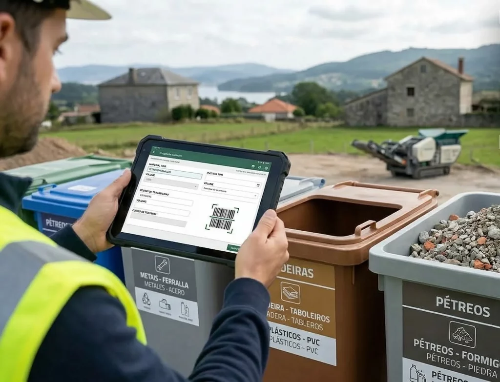Técnico de Renova utilizando una tablet para la trazabilidad y clasificación de residuos pétreos en origen, ilustrando el proceso de economía circular y reutilización de áridos en una obra en Galicia.