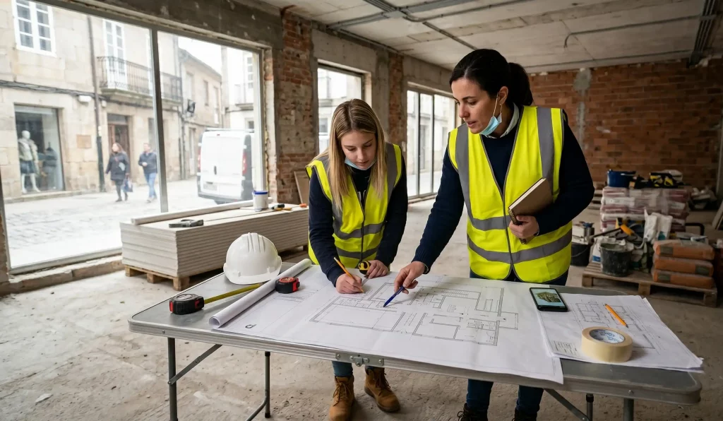 Ingenieros de RENOVA revisando planos y accesibilidad de un bajo comercial en Pontevedra.