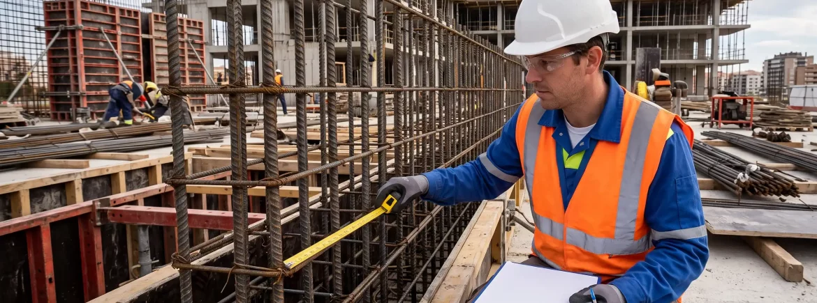 Ingeniero de Renovais realizando la verificación técnica de armados en estructura de hormigón armado durante el control de calidad en obra.