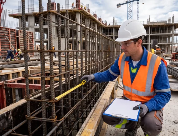 Ingeniero de Renovais realizando la verificación técnica de armados en estructura de hormigón armado durante el control de calidad en obra.
