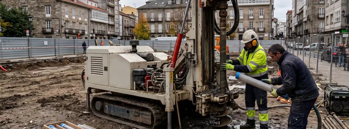 Ejecución de sondeo geotécnico a rotación con ensayo SPT para análisis de cimentación en terreno granítico.