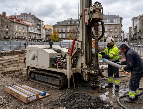 Ejecución de sondeo geotécnico a rotación con ensayo SPT para análisis de cimentación en terreno granítico.