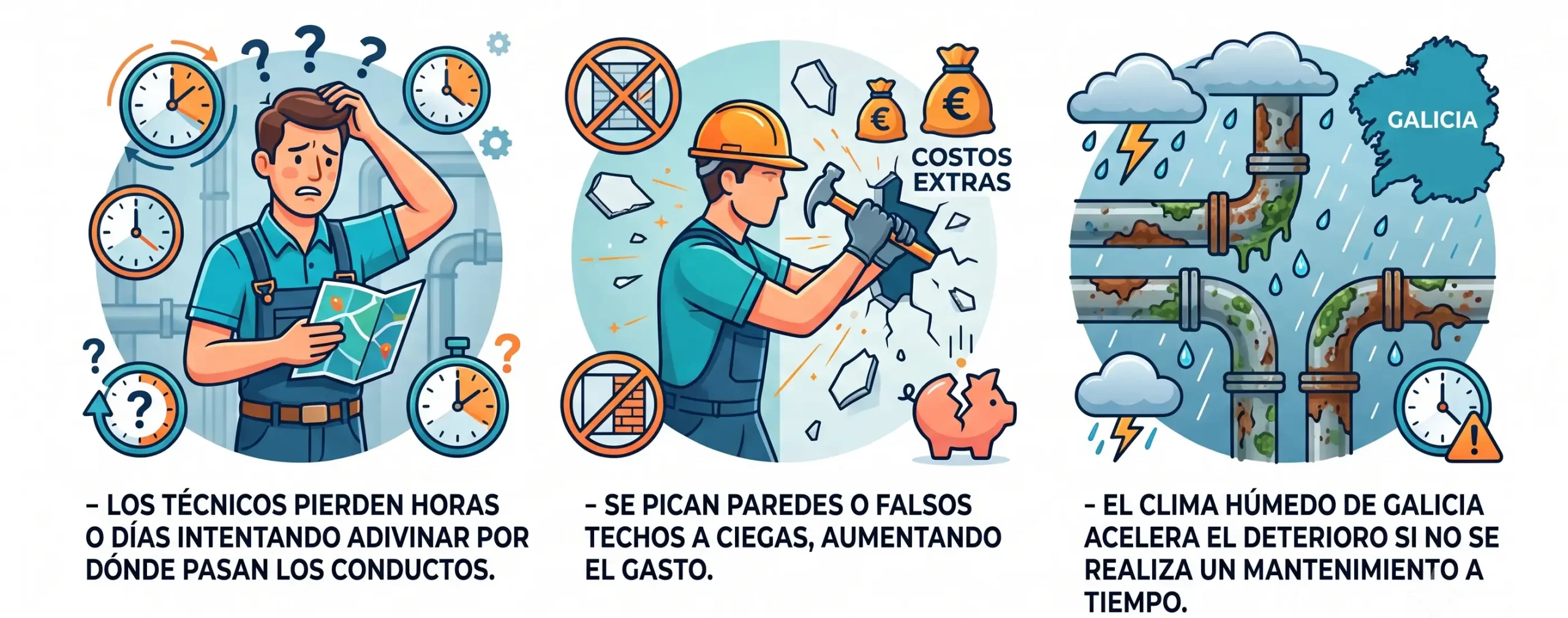 Infografía sobre problemas del mantenimiento tradicional de edificios en Galicia: pérdida de tiempo buscando tuberías, gastos extras por picas a ciegas y deterioro acelerado por el clima húmedo sin BIM para Facility Management.